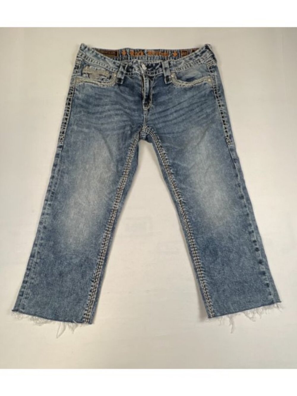 Rock Revival Women Size 30x21 Janelle Capri Blue Denim Jeans Stitched Pockets